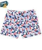 Colorful camouflage shorts with a brand logo on a white background