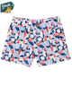 Colorful camouflage shorts with a brand logo on a white background