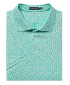 Teal patterned polo shirt WITH waterfowl design print on a white background