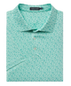 Teal patterned polo shirt WITH waterfowl design print on a white background