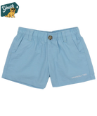 Light blue shorts with a brand logo on a white background