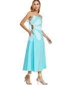 Woman wearing a light blue dress with a white background