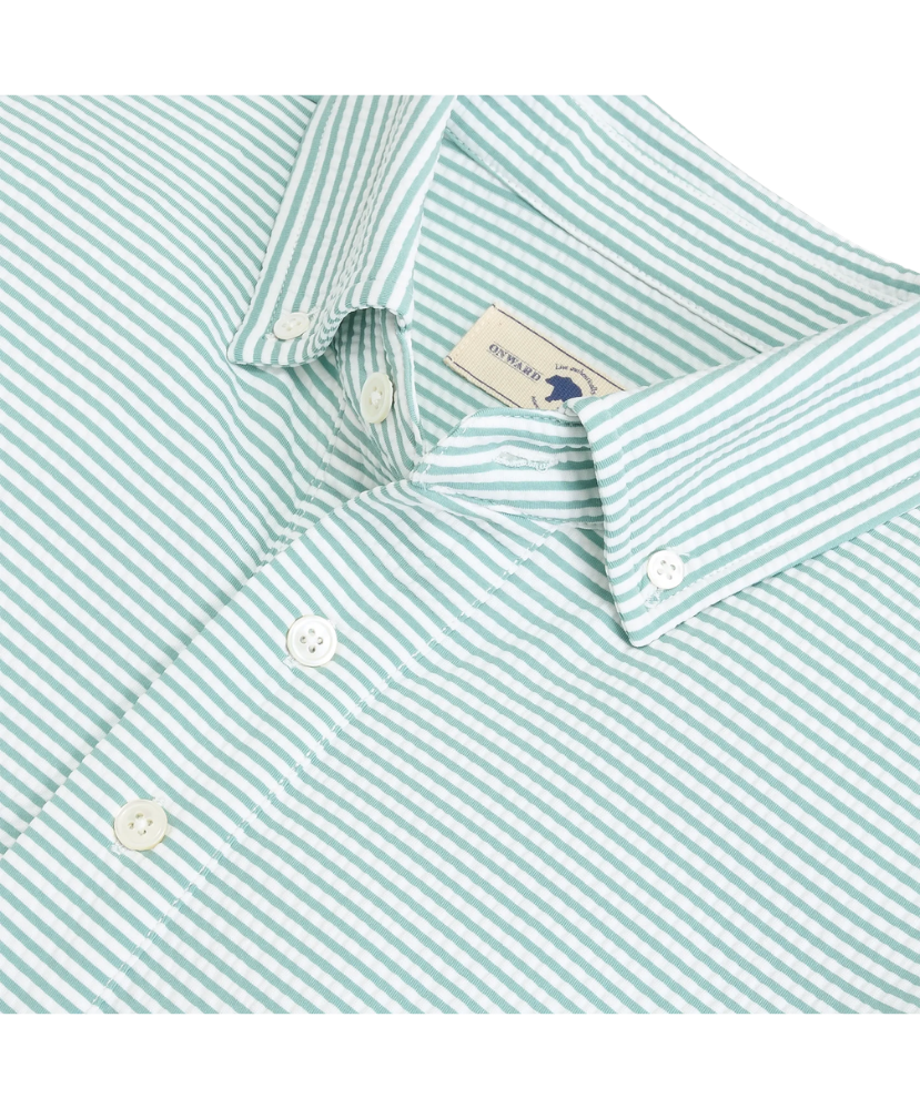Green and white seersucker striped Onward Reserve Drift shirt on a white background