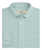 Green and white seersucker striped Onward Reserve Drift shirt on a white background