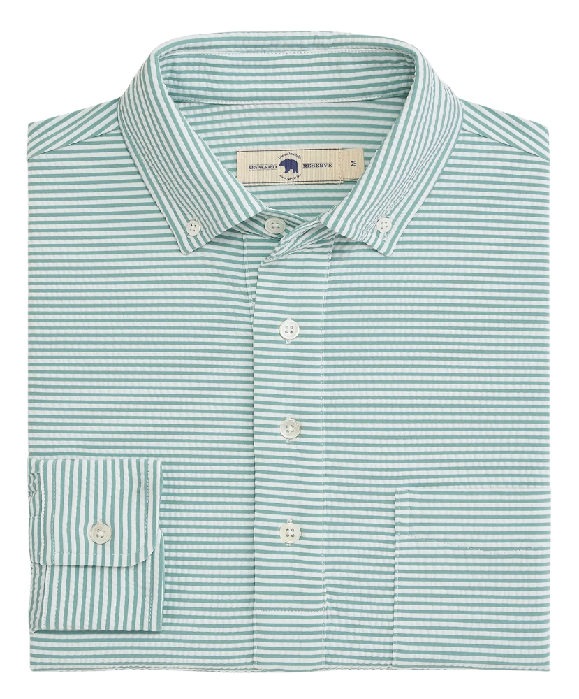 Green and white seersucker striped Onward Reserve Drift shirt on a white background