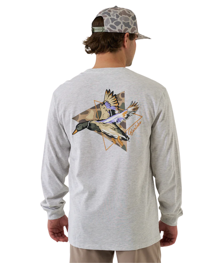 Man wearing a gray long-sleeve shirt with duck design on the back, standing against a white background.