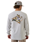 Man wearing a gray long-sleeve shirt with duck design on the back, standing against a white background.