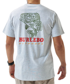 Gray Burlebo t-shirt with a largemouth bass graphic and 'Burlebo Outdoors' text on the back, worn by a person.