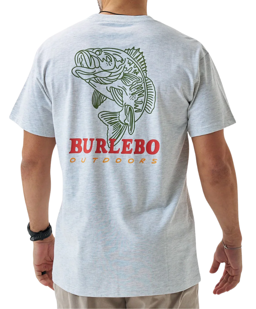 Gray Burlebo t-shirt with a largemouth bass graphic and 'Burlebo Outdoors' text on the back, worn by a person.