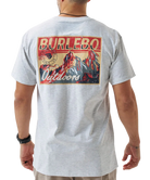 Gray t-shirt with Burlebo graphic design on the back, worn by a person.