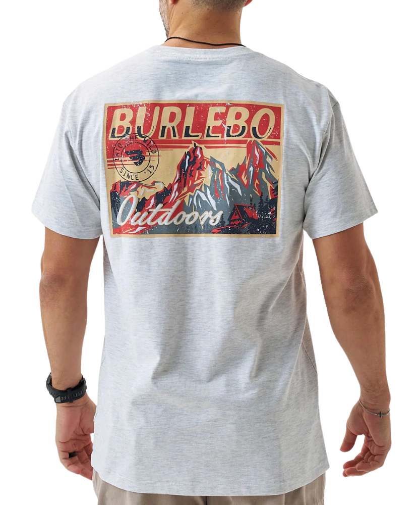 Gray t-shirt with Burlebo graphic design on the back, worn by a person.