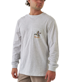 Man wearing a gray long-sleeve shirt with a BURLEBO MALLARD DUCK logo on a white background