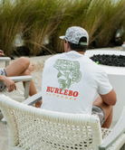 Gray Burlebo t-shirt with a largemouth bass graphic and 'Burlebo Outdoors' text on the back, worn by a person.