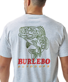 Gray Burlebo t-shirt with a largemouth bass graphic and 'Burlebo Outdoors' text on the back, worn by a person.