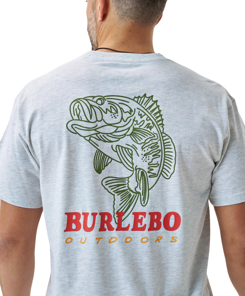 Gray Burlebo t-shirt with a largemouth bass graphic and 'Burlebo Outdoors' text on the back, worn by a person.