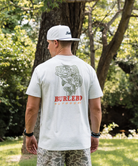 Gray Burlebo t-shirt with a largemouth bass graphic and 'Burlebo Outdoors' text on the back, worn by a person.