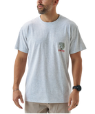 Gray Burlebo t-shirt with a largemouth bass graphic and 'Burlebo Outdoors' text on the back, worn by a person.