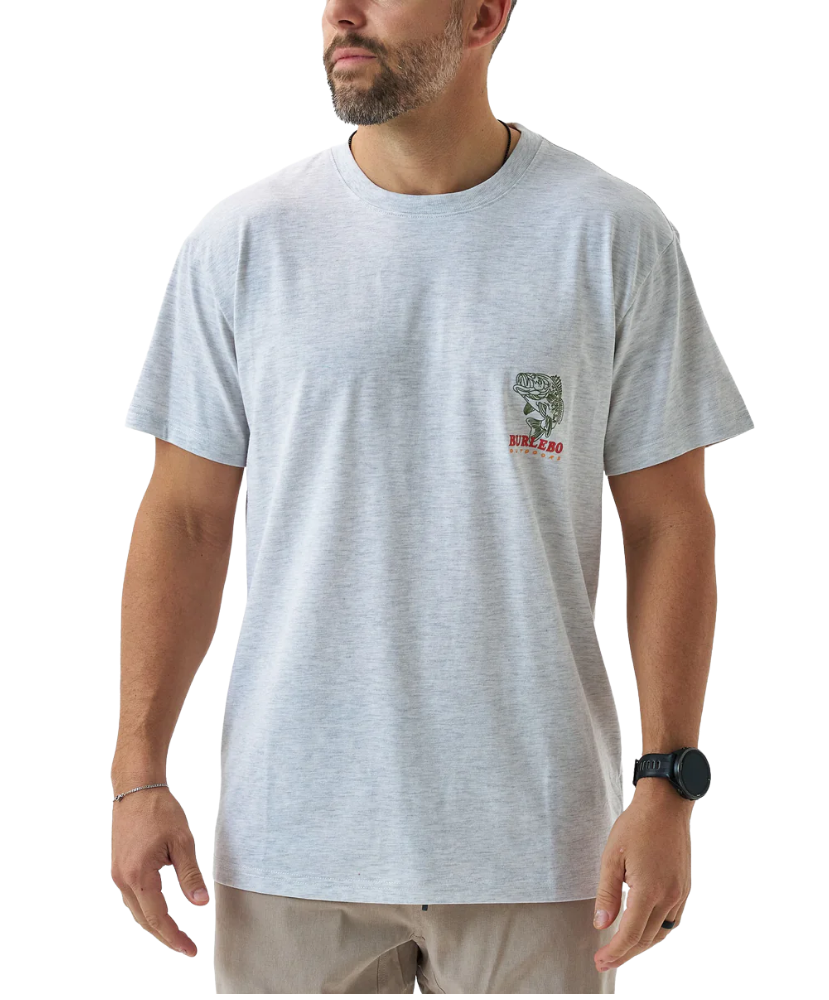 Gray Burlebo t-shirt with a largemouth bass graphic and 'Burlebo Outdoors' text on the back, worn by a person.