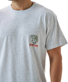 Gray Burlebo t-shirt with a largemouth bass graphic and 'Burlebo Outdoors' text on the back, worn by a person.