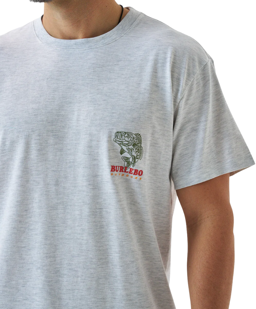 Gray Burlebo t-shirt with a largemouth bass graphic and 'Burlebo Outdoors' text on the back, worn by a person.