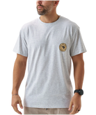 Man wearing a gray t-shirt with a logo on a white background