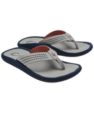 Pair of gray sandals with navy soles and brown insoles on a white background