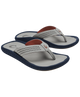 Pair of gray sandals with navy soles and brown insoles on a white background