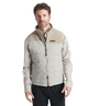 Man wearing a beige quilted jacket on a white background