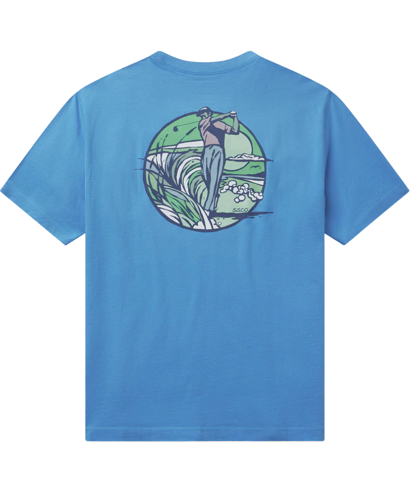 Blue t-shirt with a graphic of a person GOLFING on the back, on a white background