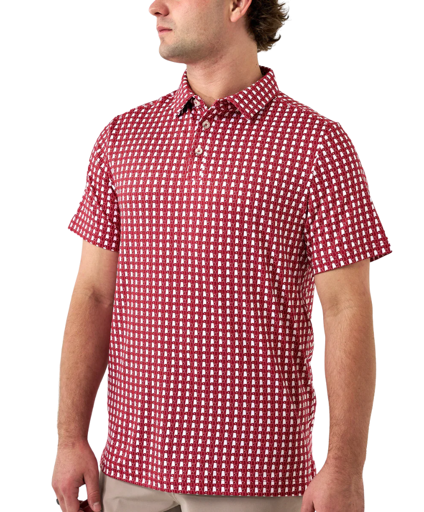 Man wearing red and white polo with Alabama state outline print. Perfect for Game Day.