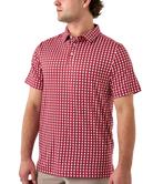 Man wearing red and white polo with Alabama state outline print. Perfect for Game Day.