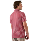 Man wearing red and white polo with Alabama state outline print. Perfect for Game Day.