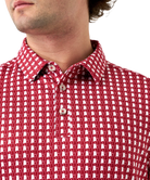 Man wearing red and white polo with Alabama state outline print. Perfect for Game Day.