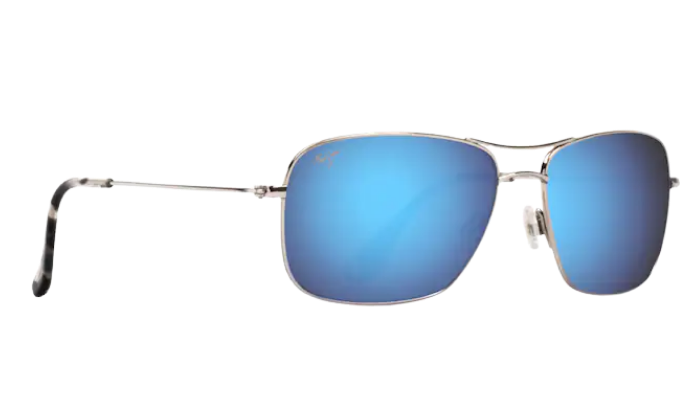 Maui Jim polarized Sunglasses with blue reflective lenses on a white background