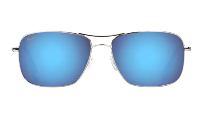 Maui Jim polarized Sunglasses with blue reflective lenses on a white background
