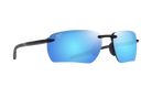 A pair of rimless sunglasses with a black frame and vibrant blue mirrored lenses, shown from a side angle on a solid white background.