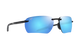 A pair of rimless sunglasses with a black frame and vibrant blue mirrored lenses, shown from a side angle on a solid white background.