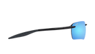 A pair of sport sunglasses with a matte black frame and a bright blue mirrored lens, shown from a side profile view against a solid white background.