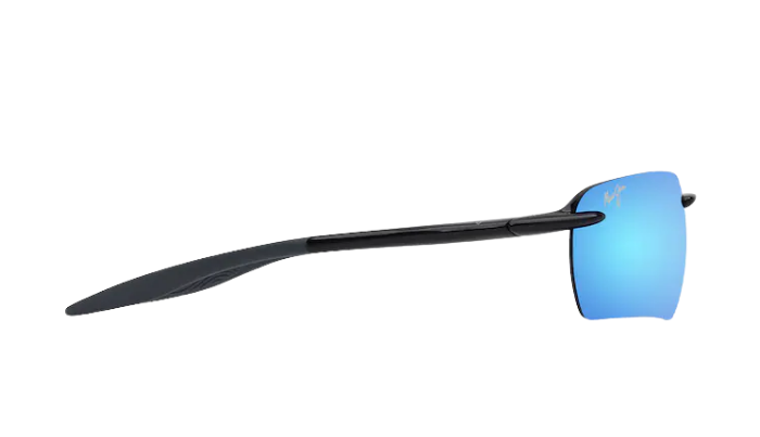 A pair of sport sunglasses with a matte black frame and a bright blue mirrored lens, shown from a side profile view against a solid white background.