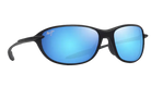 Black Maui Jim polarized sunglasses with blue reflective lenses on a white background