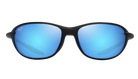 Black Maui Jim polarized sunglasses with blue reflective lenses on a white background