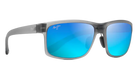 Maui Jim Sunglasses with blue polarized reflective lenses and gray frame on a white background
