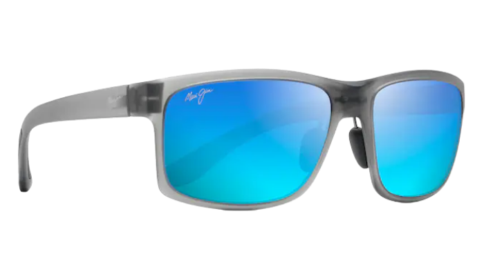 Maui Jim Sunglasses with blue polarized reflective lenses and gray frame on a white background