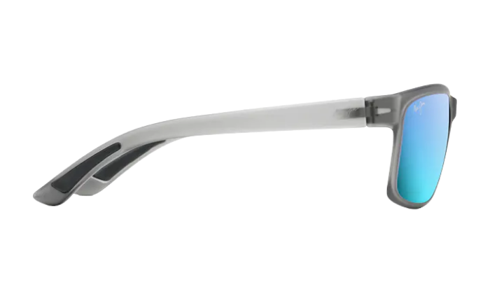 Maui Jim Sunglasses with blue polarized reflective lenses and gray frame on a white background