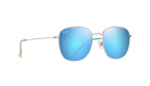 Sunglasses with blue reflective lenses on a white background