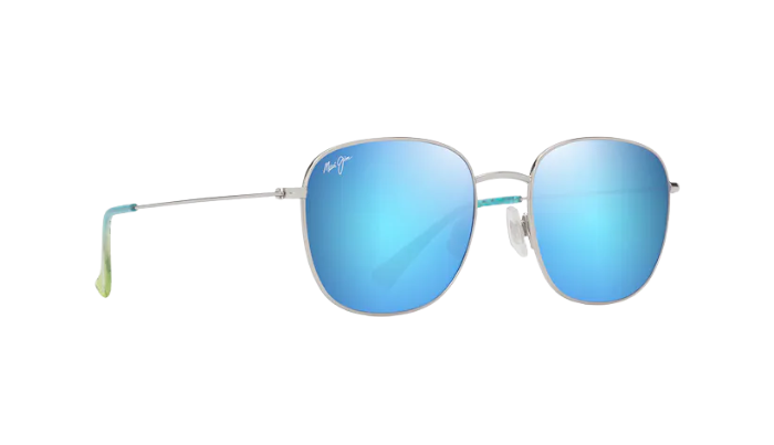 Sunglasses with blue reflective lenses on a white background