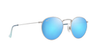 Round sunglasses with blue reflective lenses on a white background