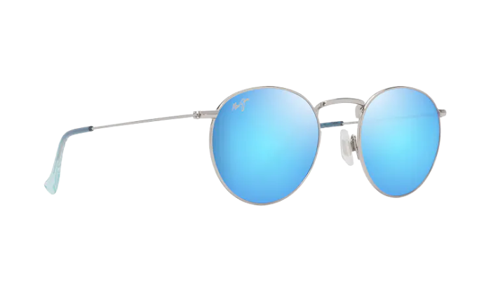 Round sunglasses with blue reflective lenses on a white background