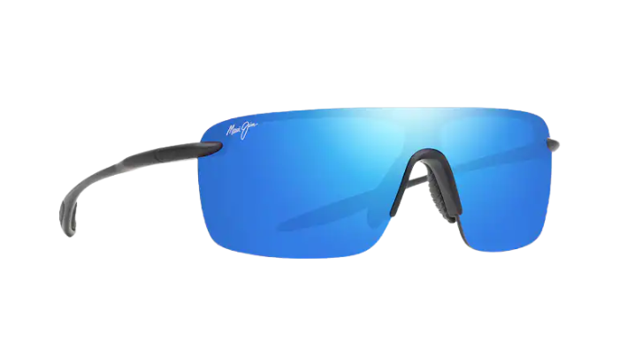 Sunglasses with blue reflective lenses on a white background