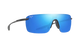 Sunglasses with blue reflective lenses on a white background